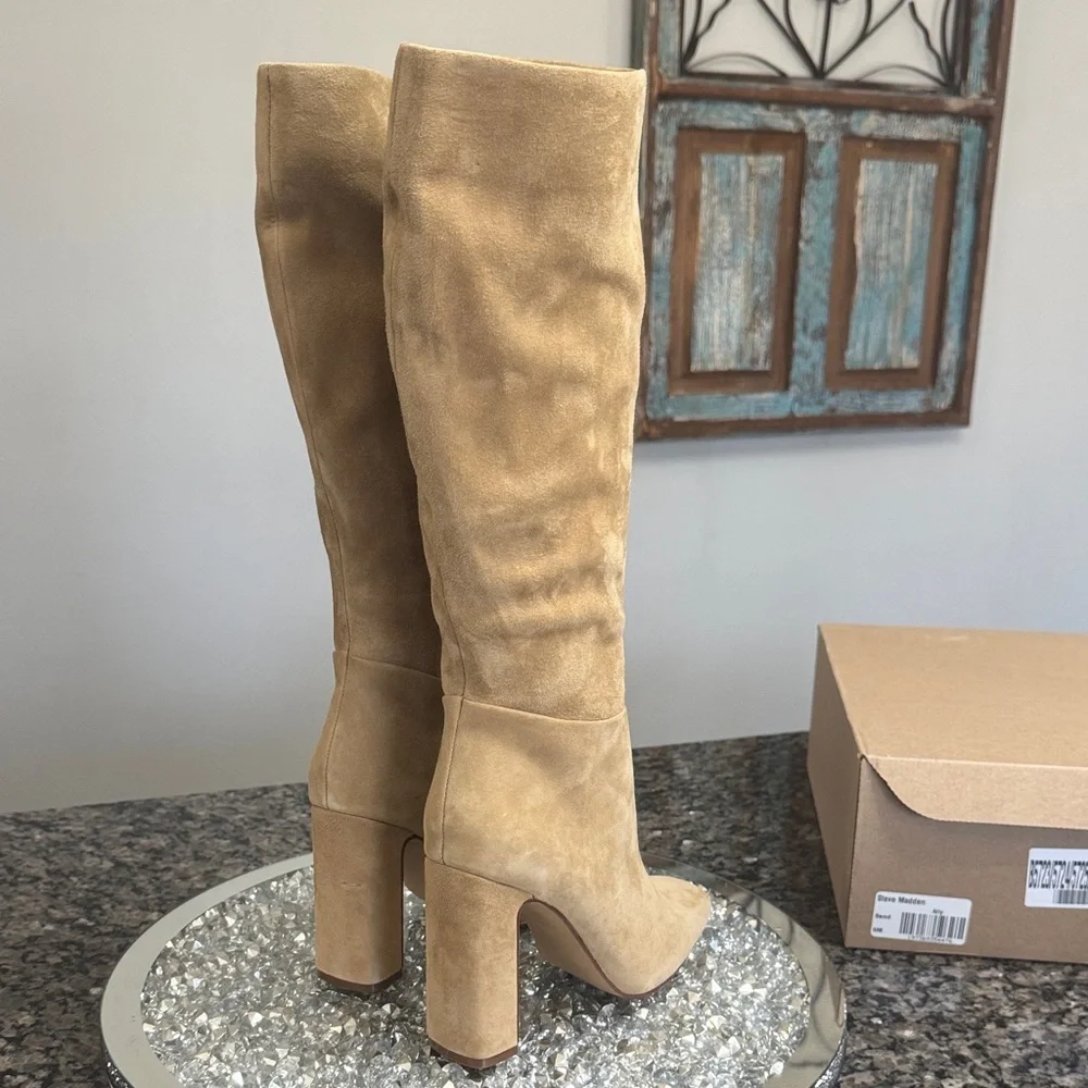 Steve Madden Ally Tan Suede Knee-High Block Heel Boots NEW 6